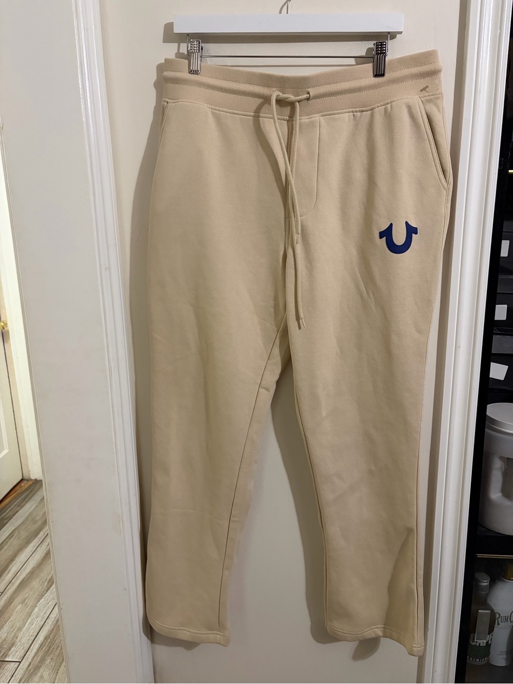 True Religion Beige Track Joggers with Blue Logo True Religion Horseshoe Large